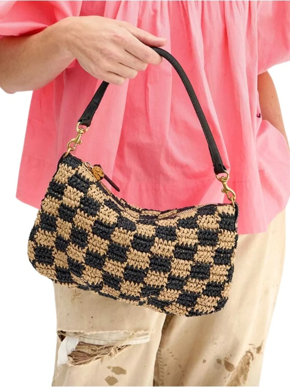 Clare V Petit Moyen Black & Natural Checker Raffia - Picture 2 of 7